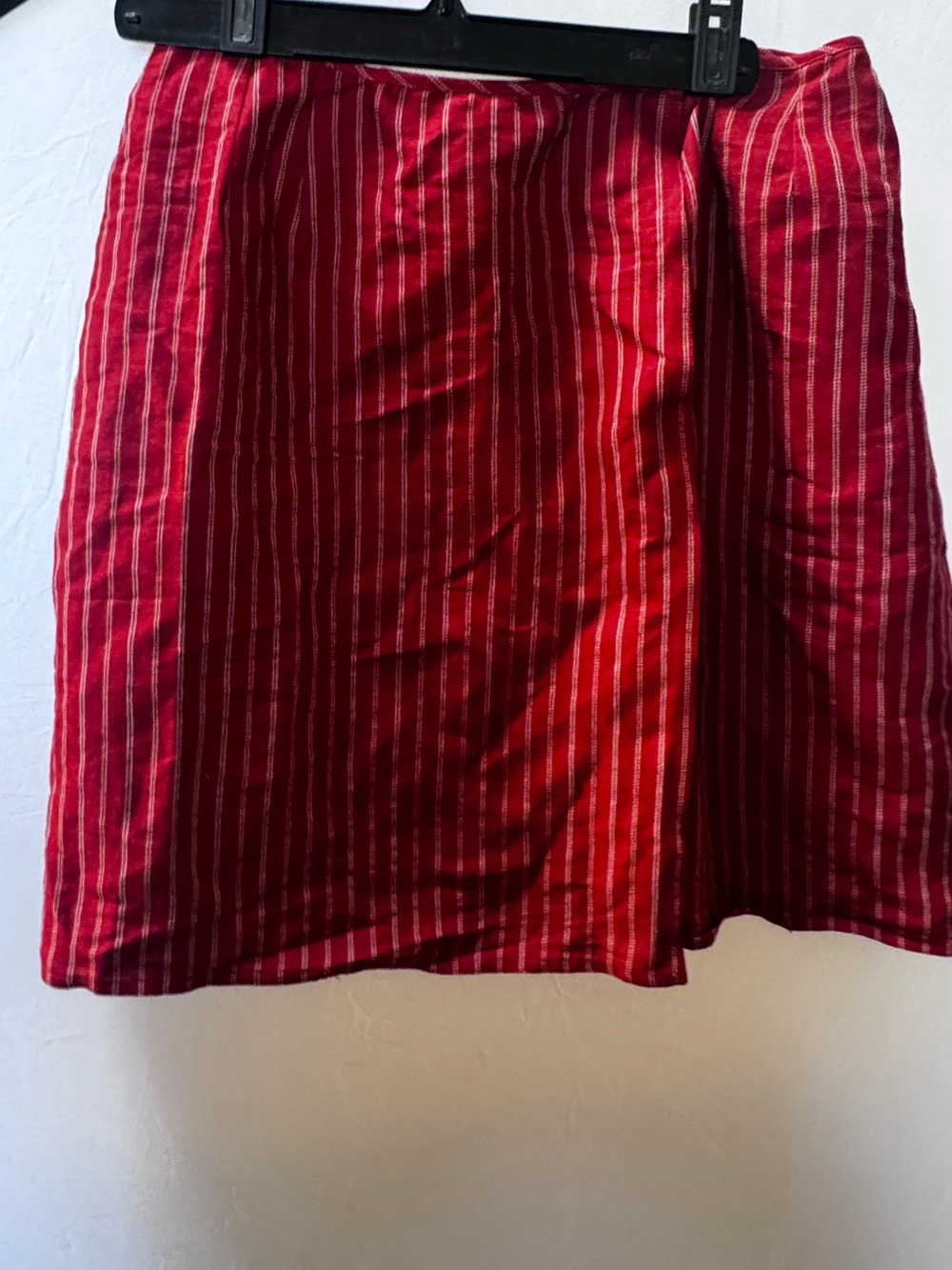A-line Anne Klein Vintage 90s Linen Faux Wrap 8 Red Striped Linen Mini Skirt Y2K - Picture 2 of 15